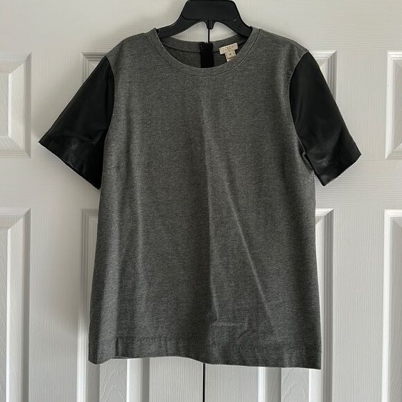 J. Crew Factory Women’s Grey with Faux Leather Sleeves Short Sleeve Top - Picture 1 of 5
